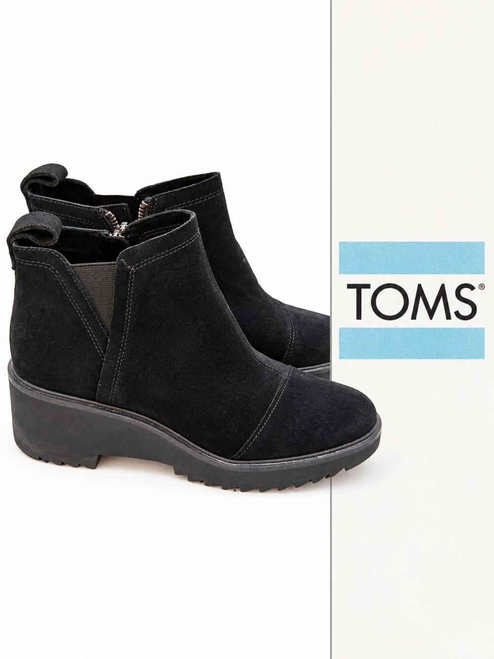 TOMS Sadie Black Suede Wedge Ankle Boots – Women’s Size 10